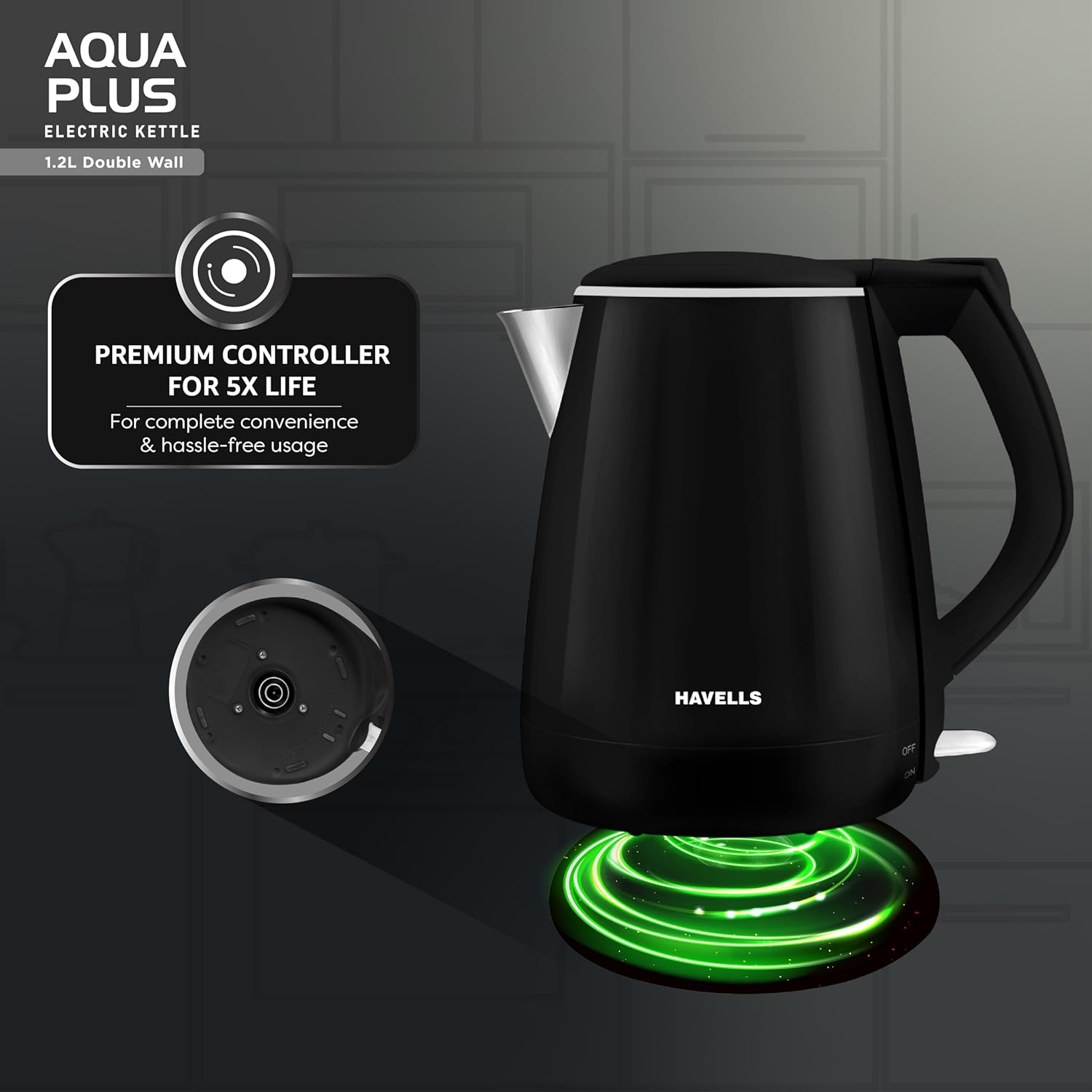 Havells Aqua Plus 1.2 litre Double Wall Kettle / 304 Stainless Steel Inner Body/Cool touch outer body/Wider mouth